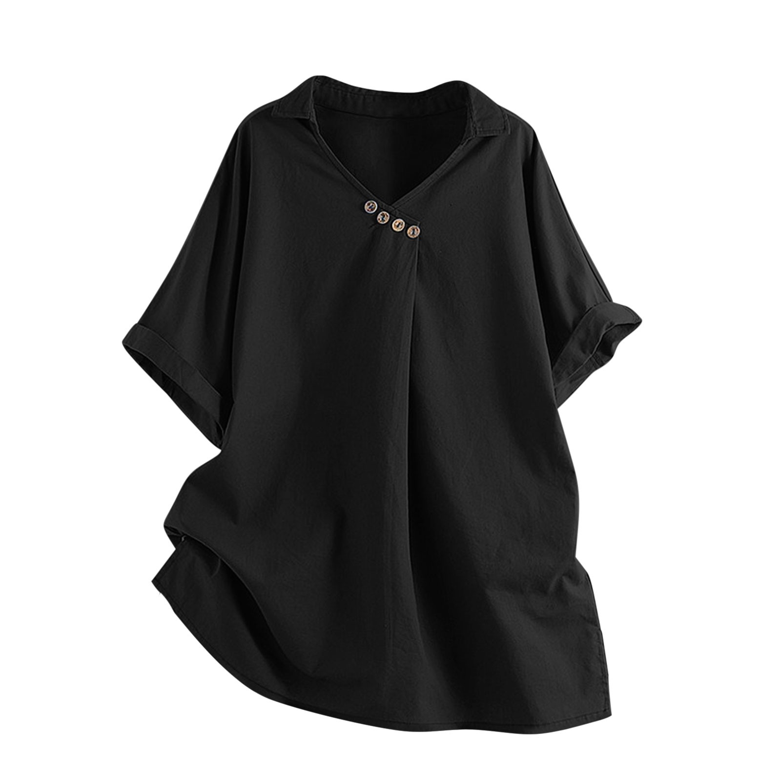 thumbnail image 1 of Blusa con cuello en V y botones para mujer, tejido ligero de verano, corte holgado, diseño asimétrico, camisa informal de estilo urbano, 1 of 2